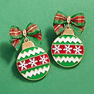 Bow Pointed Enamel Christmas Ornament Dangle Earrings